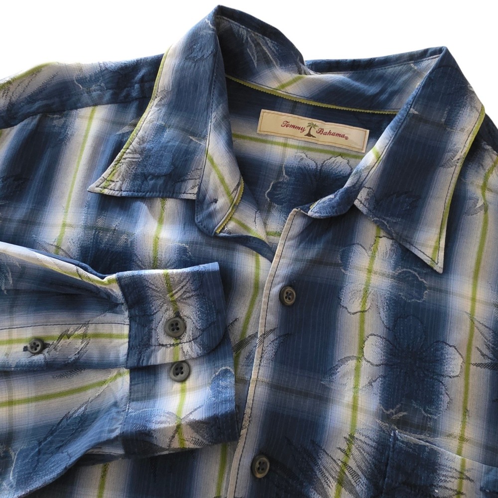 Tommy Bahama Mens Button Front Blue Plaid‎ Floral Silk Blend Shirt Large